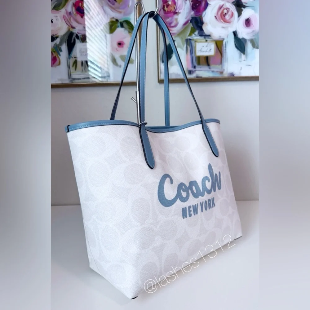 COACH Bag City Tote with Coach Graphic - White Blue - Picture 4 of 8